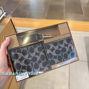 NWT COACH Men 3 Piece Canvas Leather Wallet Set Gift Box CW344 DENIM/CHALK